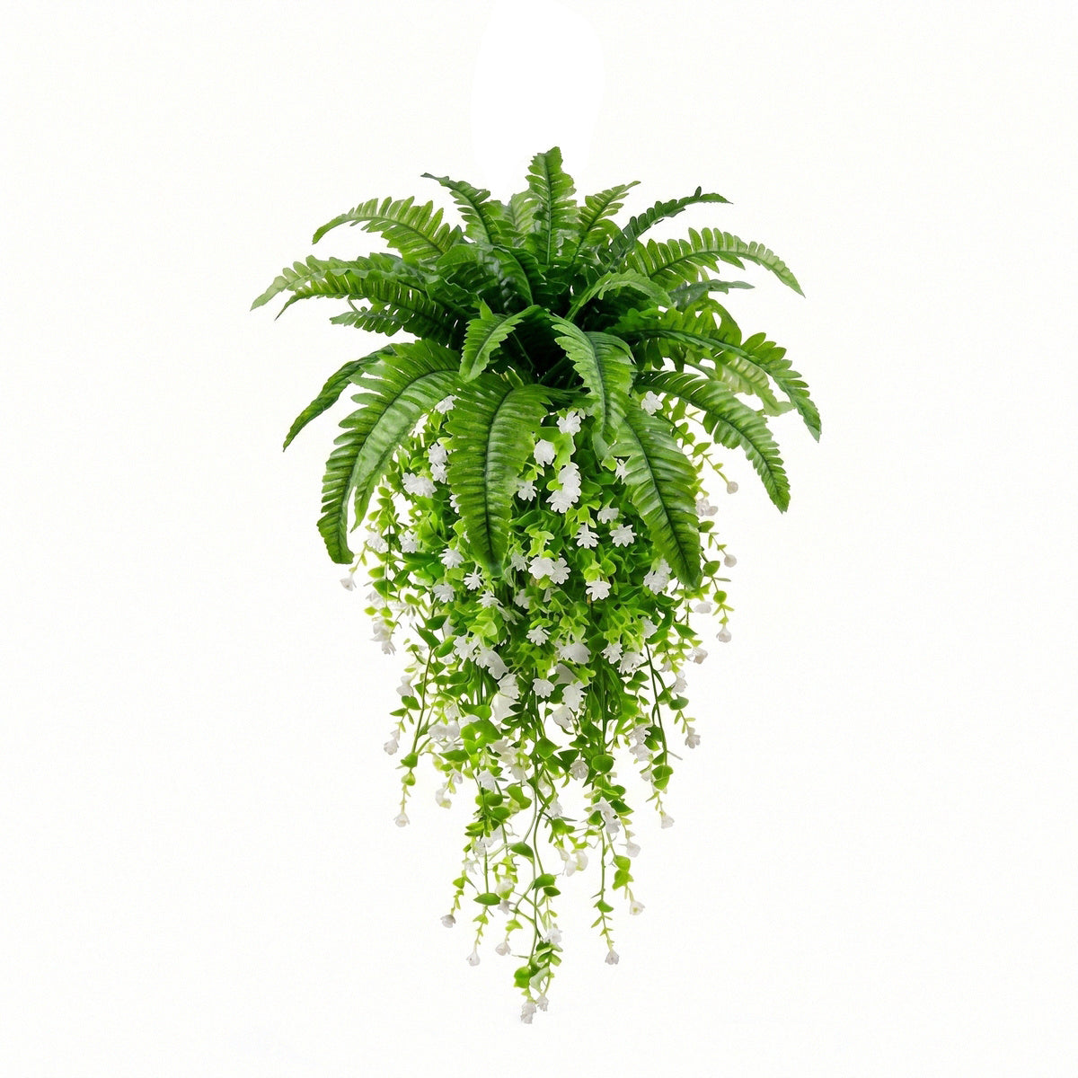 Artificial hanging fern plant with white flower vine fake Boston fern for home garden patio porch wall basket and ceiling decor