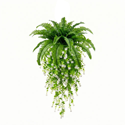 Artificial hanging fern plant with white flower vine fake Boston fern for home garden patio porch wall basket and ceiling decor