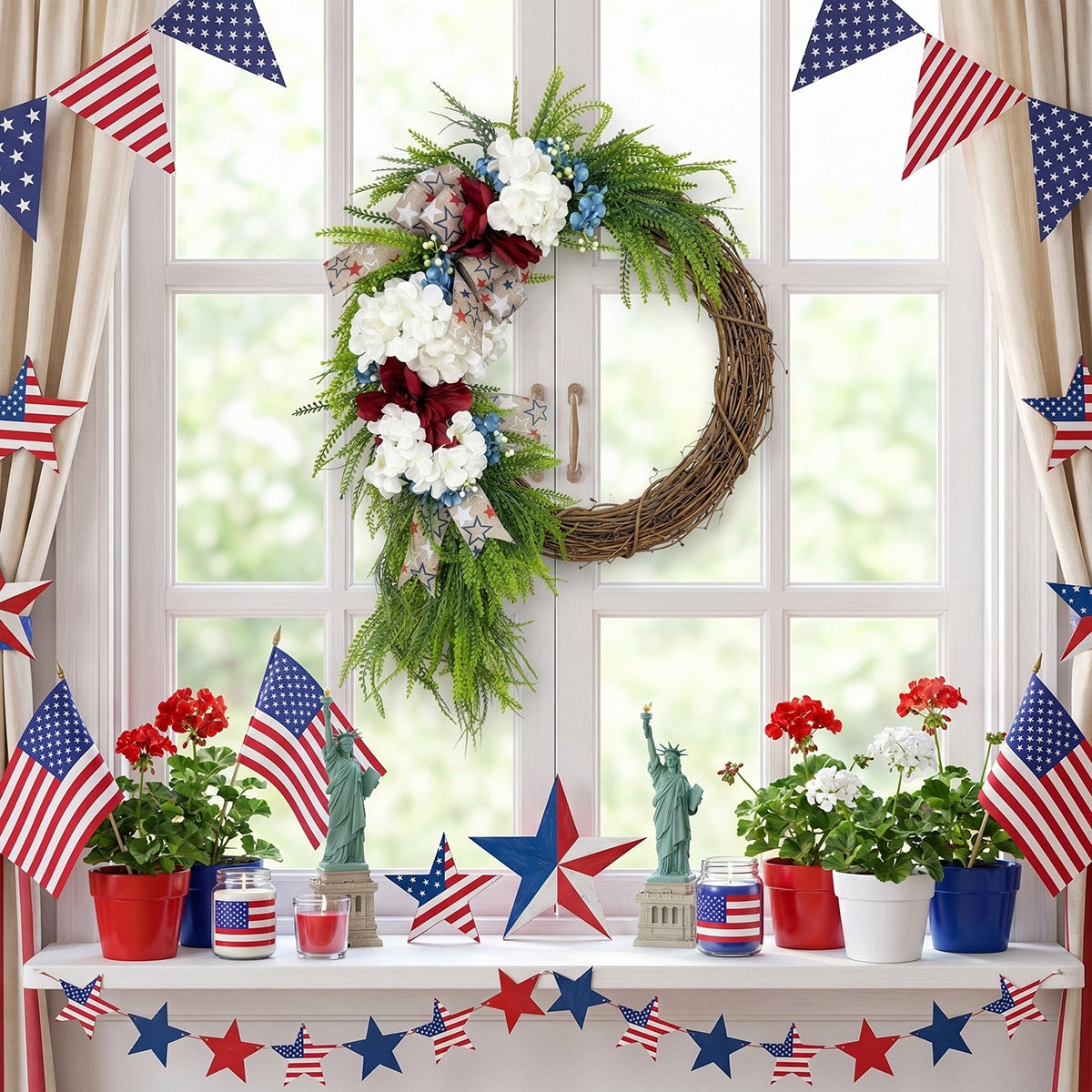 Patriotic Red White and Blue Wreath Fourth of July Front Door Decor Americana Stars Burlap Bow Summer Floral Wreath for Home Wall Party