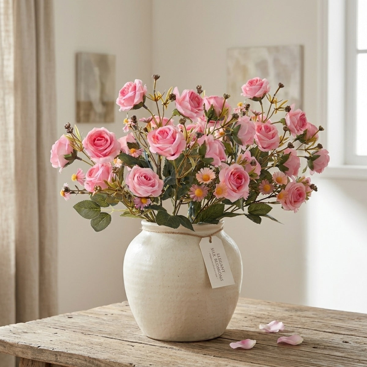 Close-up of lifelike rose & daisy bouquet UV resistant 2pcs for 5 colors faux flower by IPOPU