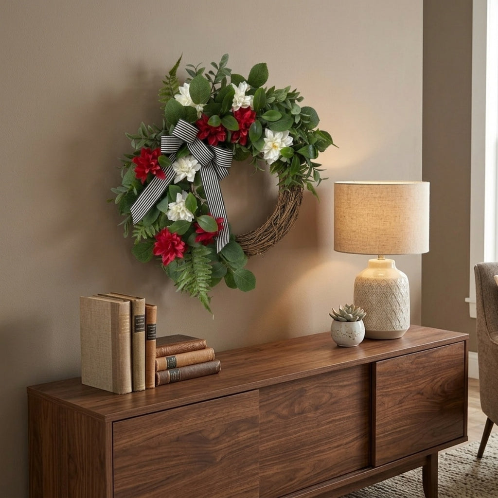 Artificial Spring Wreath for Front Door, Faux Red White Floral Grapevine Wreath with Eucalyptus Greenery Bow, Farmhouse Outdoor Porch Fence Wall Decor