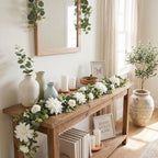 Artificial Flower Garland with White Dahlia Rose and Eucalyptus Leaves Wedding Arch Backdrop Home Wall Hanging Decor