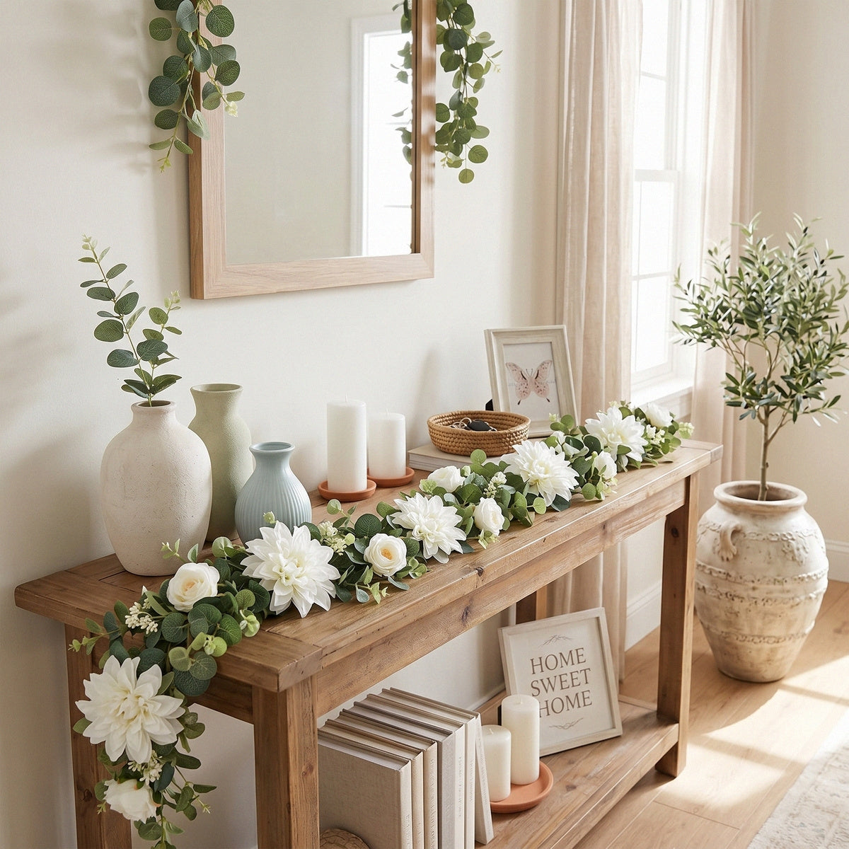 Artificial Flower Garland with White Dahlia Rose and Eucalyptus Leaves Wedding Arch Backdrop Home Wall Hanging Decor