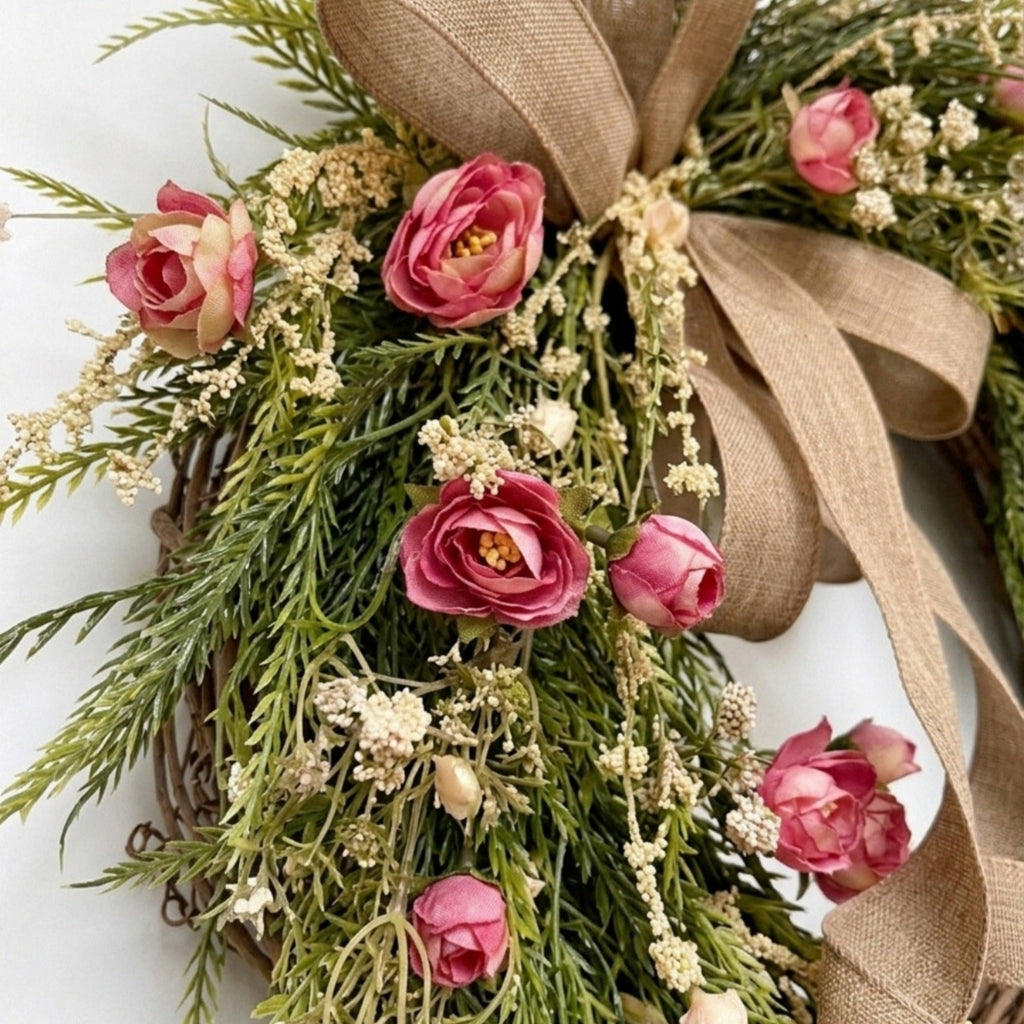 Flower Wreath with Burlap Bow, Artificial Spring and Summer for Front Door Wreath Pink Peony Wreath Garden Party Home Wall Wedding Decor