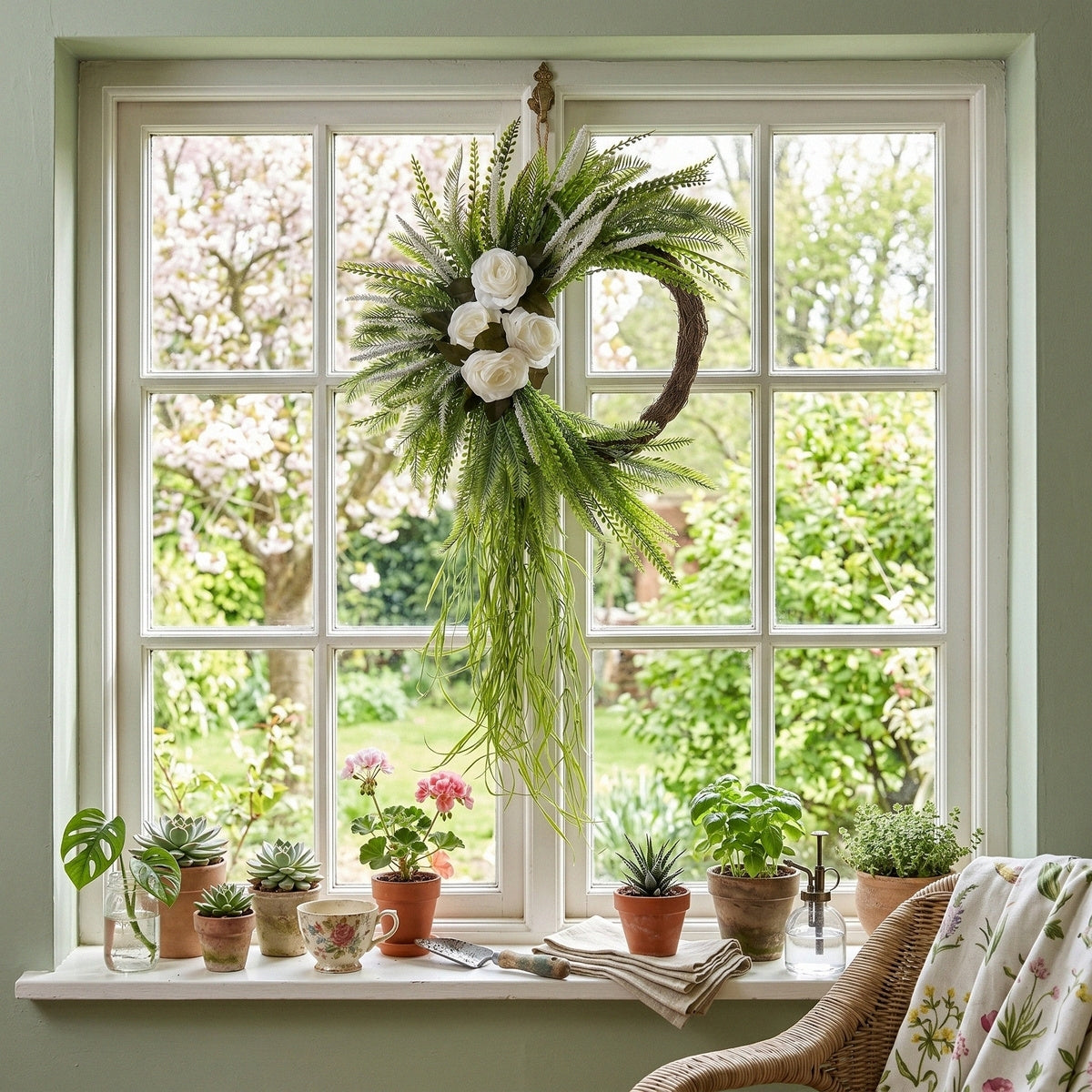 Bohemian Fern Wreath with White Rose Cascading Design Front Door Decor Spring Summer Home Wall Hanging Porch Art