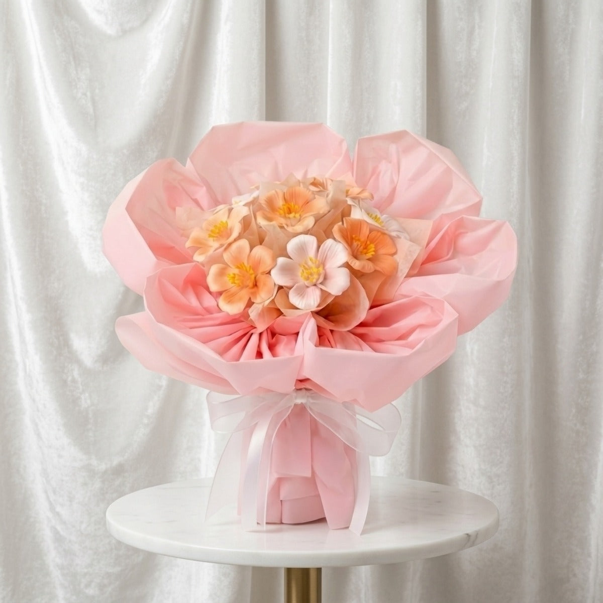 DIY Pink Ceramic Flower Bouquet Material Kit Handmade Clay Assembly Set with Wrapping Paper for Valentine's Day Gift Craft