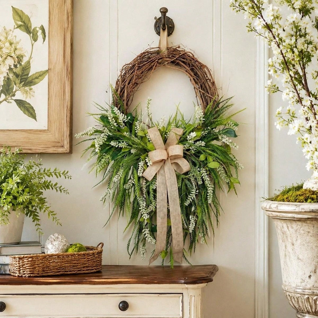 Farmhouse Front Door Wreath with Burlap Bow, Green Foliage & White Flowers for Spring Summer Rustic Home Porch & Wall Decor