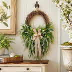 Farmhouse Front Door Wreath with Burlap Bow, Green Foliage & White Flowers for Spring Summer Rustic Home Porch & Wall Decor