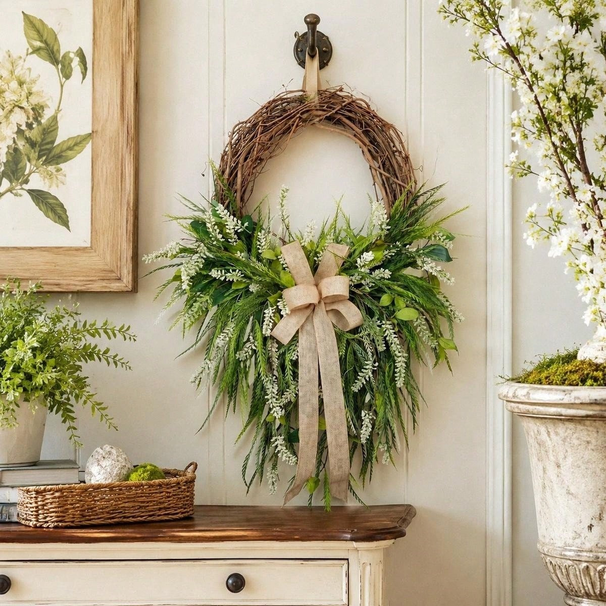 Farmhouse Front Door Wreath with Burlap Bow, Green Foliage & White Flowers for Spring Summer Rustic Home Porch & Wall Decor