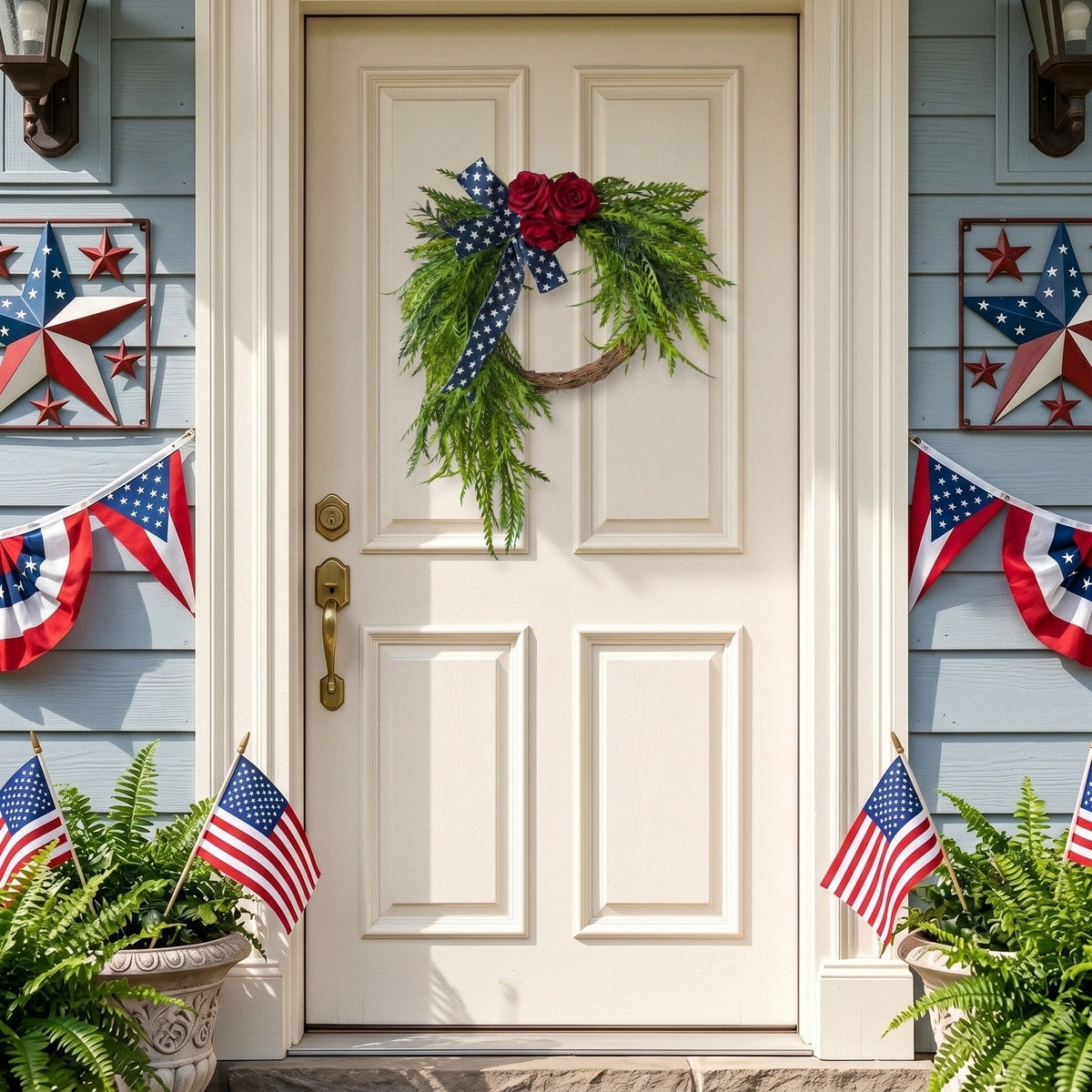 Patriotic Cascading Wreath Front Door Decor Red Rose American Flag Star Ribbon Green Foliage 4th of July Memorial Day Home Porch Wall Art