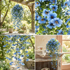 Artificial Hanging Flowers for Outdoors, Morning Glory Artificial Flowers with Eucalyptus Leaves, UV Resistant Fake Flower Realistic Faux Plants for Home Patio Porch Garden