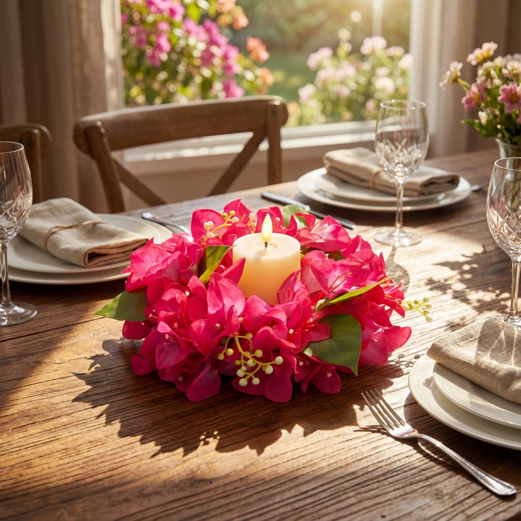 Floral Candle Wreath Rings | Artificial Bougainvillea Candle Rings for Wedding Table Centerpiece Home Decor