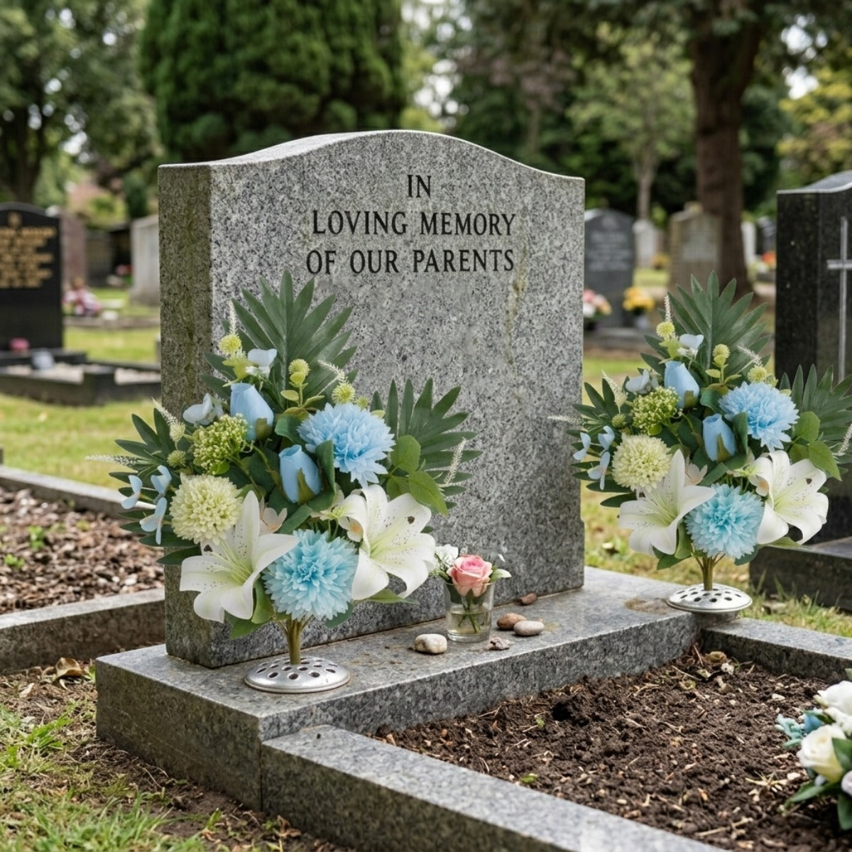 Cemetery Flowers for Grave, Outdoor Lily Chrysanthemum Hydrangea Rose Artificial Flowers Grave Flowers with Cemetery Vase, Lasting and Non-Bleed Colors