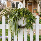 Artificial Greenery Wreath with Ribbon Bow, Rustic Farmhouse Spring Summer Wreath for Front Door Outdoor Porch Wall Home Decor