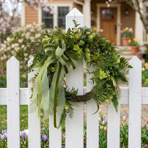 Artificial greenery wreath with ribbon bow lush faux leaves and fern accents for rustic farmhouse front door porch wall and home spring summer decor