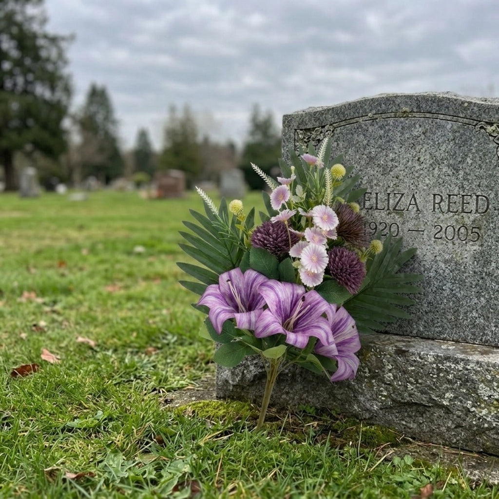 Cemetery Flowers for Grave, Outdoor Lily Chrysanthemum Hydrangea Rose Artificial Flowers Grave Flowers with Cemetery Vase, Lasting and Non-Bleed Colors