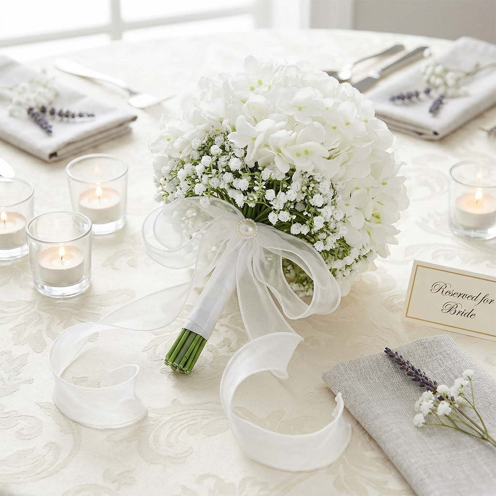 White Hydrangea Wedding Bridal Bouquet, Bridesmaid Bouquet Artificial Wedding Hydrangea Bouquet, Fake Flowers for Home Indoor Outdoor DIY Floral Wedding Flower Bouquets Kitchen Table Centerpiece Decor