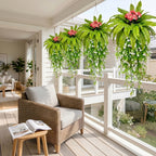 Artificial Hanging Fern Plant with Pink Flowers and Cascading White Vines Fake Boston Fern Wall Basket Greenery for Home Garden Patio Porch Ceiling Decor
