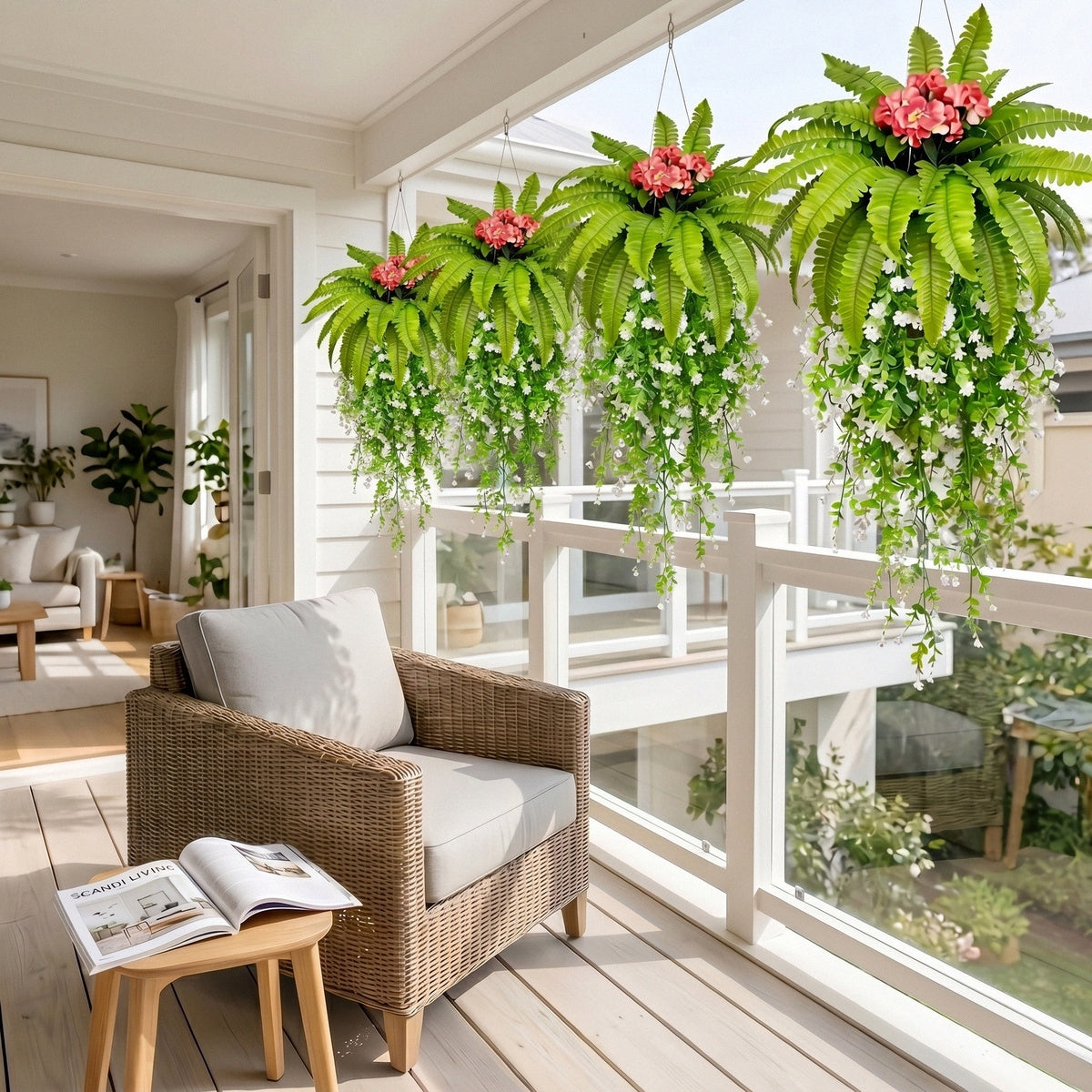 Artificial Hanging Fern Plant with Pink Flowers and Cascading White Vines Fake Boston Fern Wall Basket Greenery for Home Garden Patio Porch Ceiling Decor