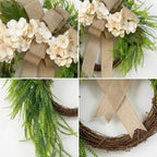 Farmhouse Front Door Wreath with Burlap Bow, Cream Hydrangea & Green Fern | 20in Spring Summer Home Wall & Porch Decor