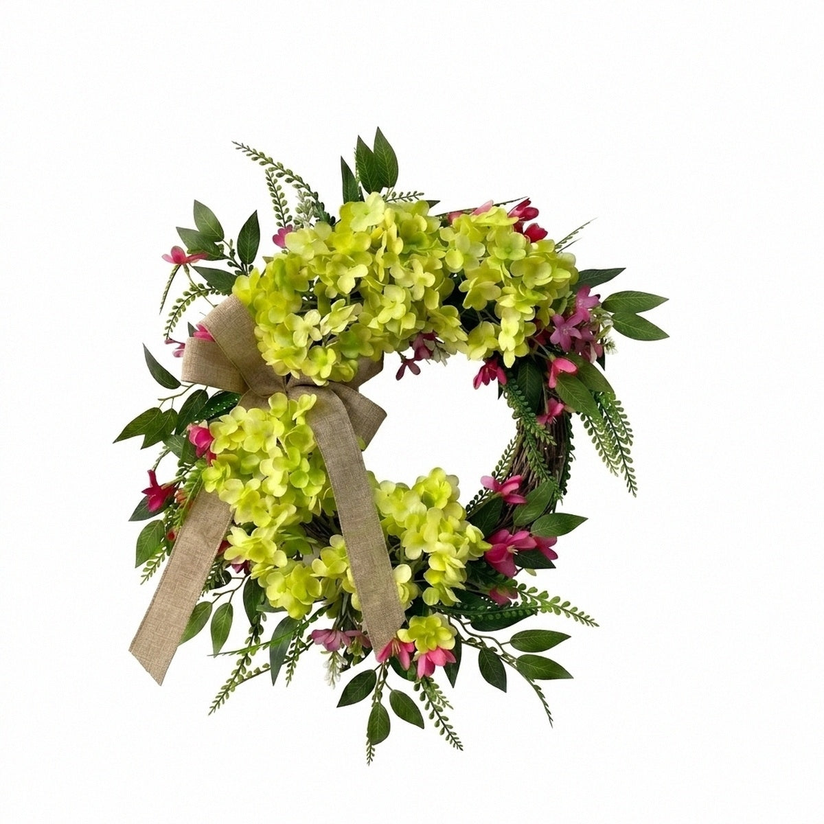 Simulation hydrangea wreath with lifelike plastic flowers and green leaves for rustic farmhouse front door porch window garden and spring home decor