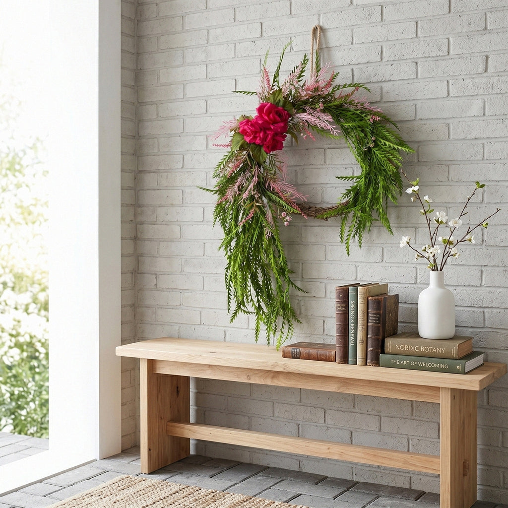 Cascading Rose Wreath Front Door Decor Romantic Pink Flower Wreath Green Foliage Wall Hanging Spring Summer Home Porch Entrance Decoration