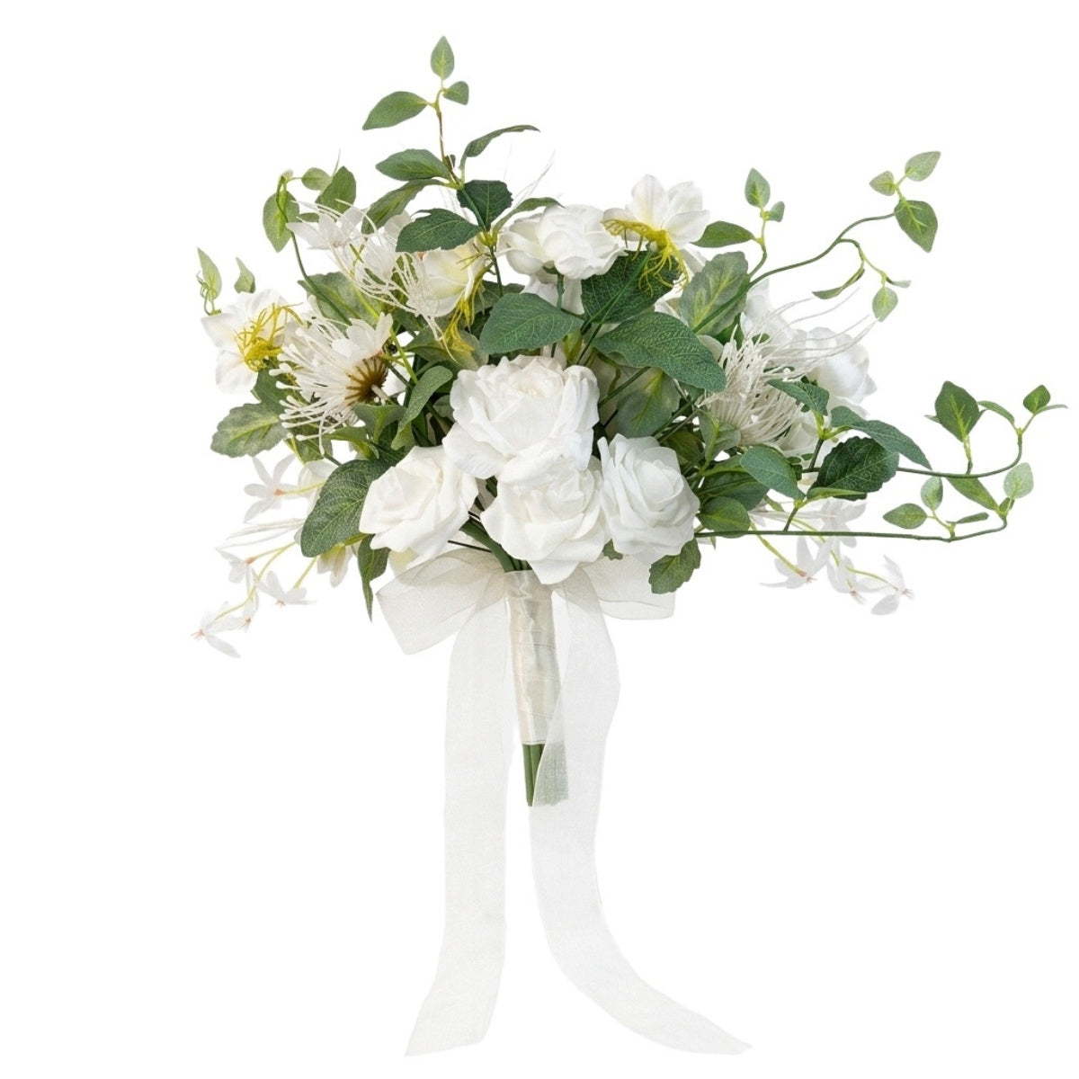 White artificial wedding bouquet held by bride – rustic farmhouse ceremony