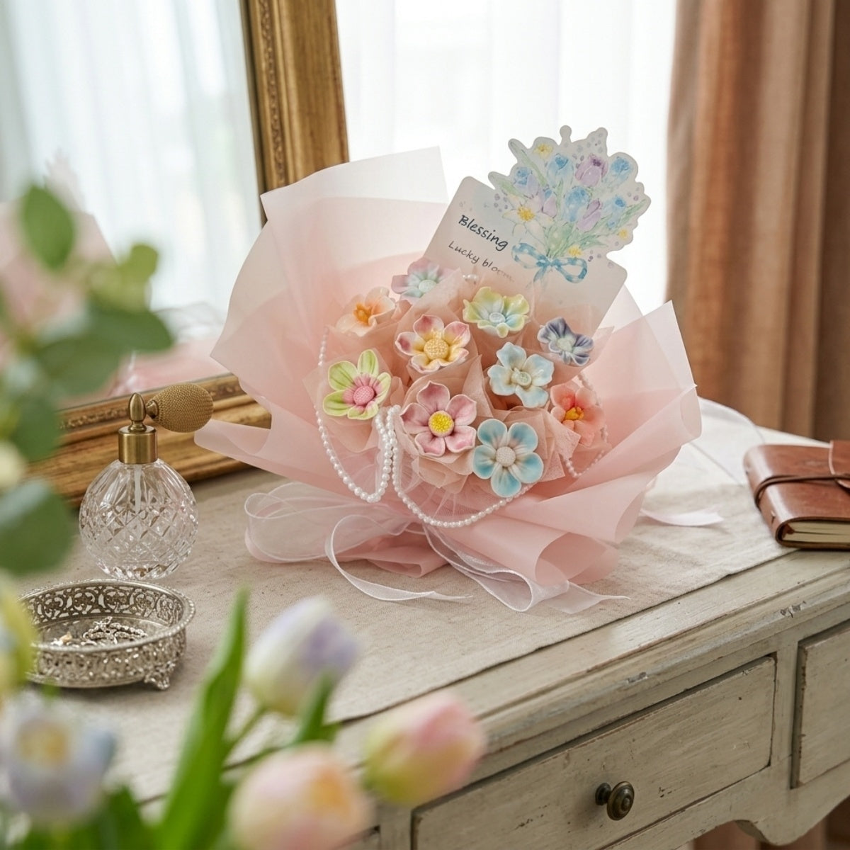 DIY Mini Ceramic Flower Bouquet Material Kit Handmade Clay Assembly Set with Pearl Chain & Gift Packaging Craft Gift