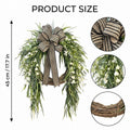 Artificial Greenery Wreath with Striped Bow and White Berries Pine Fern Eucalyptus Door Wall Hanging Decor