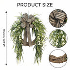 Artificial Greenery Wreath with Striped Bow and White Berries Pine Fern Eucalyptus Door Wall Hanging Decor