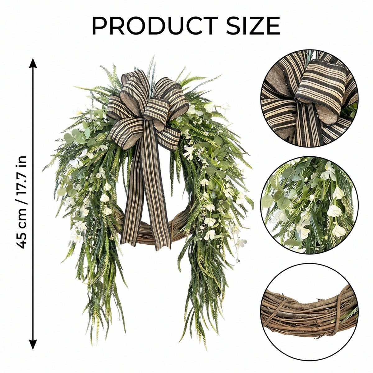 Artificial Greenery Wreath with Striped Bow and White Berries Pine Fern Eucalyptus Door Wall Hanging Decor