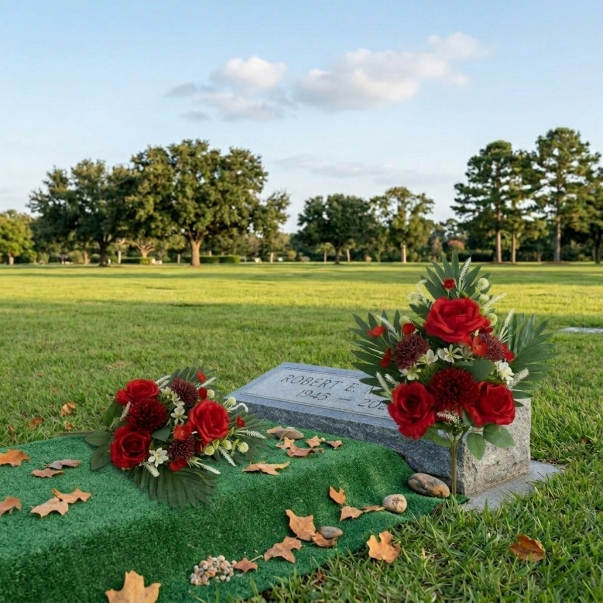 Cemetery Flowers for Grave, Outdoor Lily Chrysanthemum Hydrangea Rose Artificial Flowers Grave Flowers with Cemetery Vase, Lasting and Non-Bleed Colors