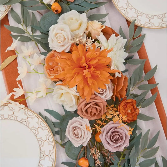 Artificial Eucalyptus Willow Leaf Garland with Faux Orange and Blush Roses for Wedding Arch Arrangement
