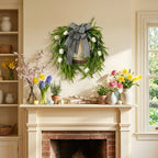 Modern Classic Front Door Wreath with Tulip & Black White Striped Bow Green Foliage for Spring Summer Home Porch & Wall Decor