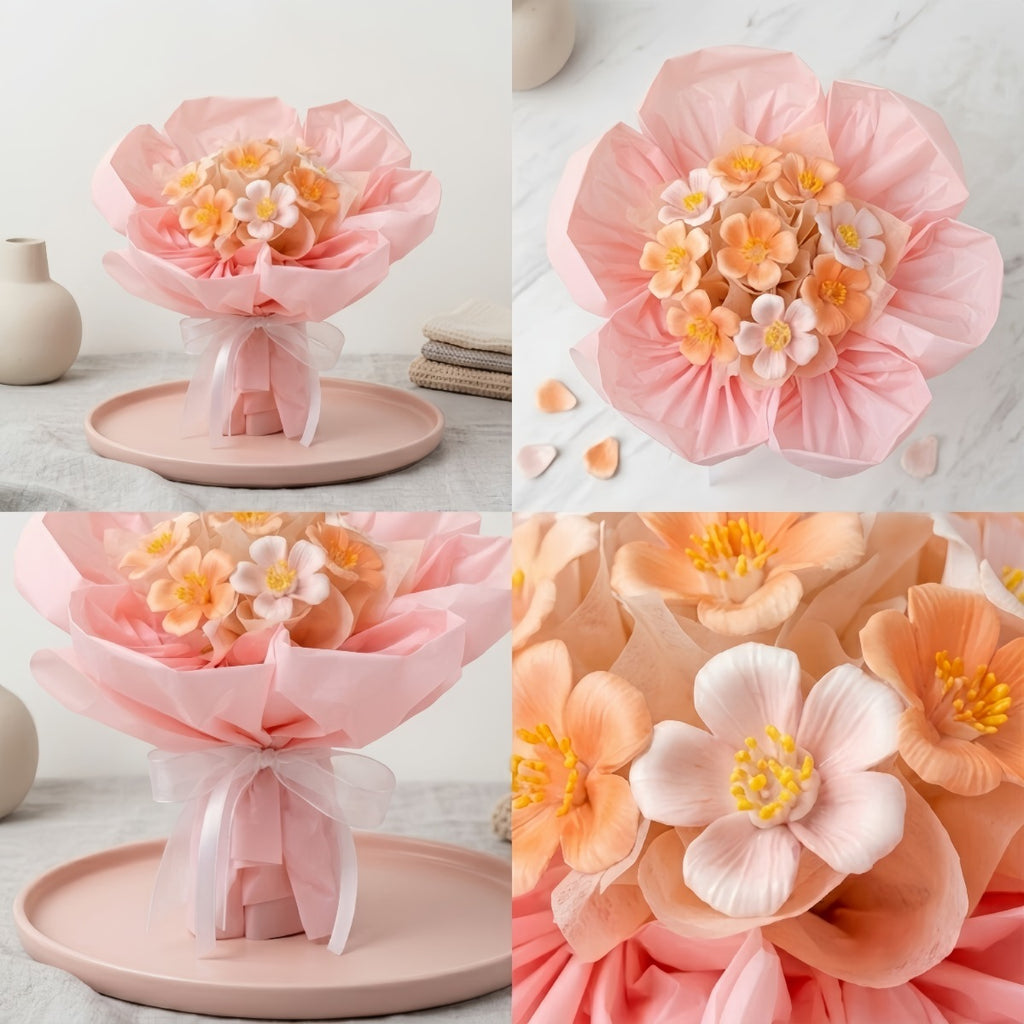 DIY Pink Ceramic Flower Bouquet Material Kit Handmade Clay Assembly Set with Wrapping Paper for Valentine's Day Gift Craft