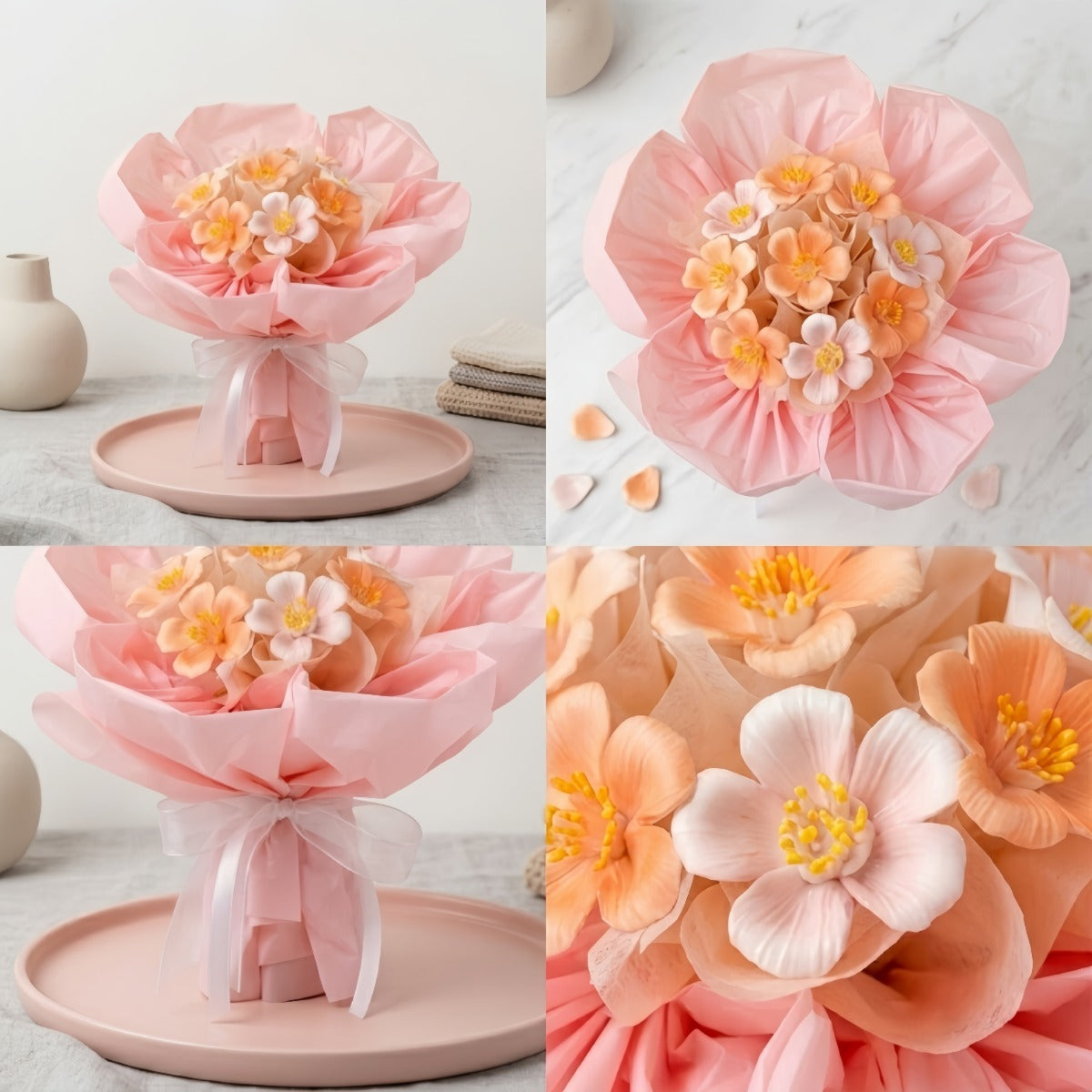 DIY Pink Ceramic Flower Bouquet Material Kit Handmade Clay Assembly Set with Wrapping Paper for Valentine's Day Gift Craft