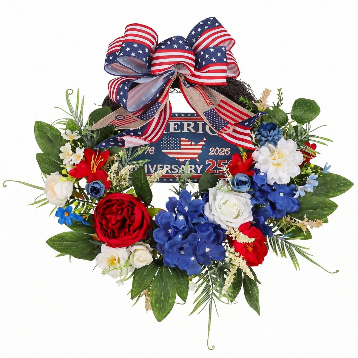 250th Anniversary Patriotic Wreath USA 1776-2026 | Red White Blue Rose & Flag Bow Front Door Decor for 4th of July Memorial Day Home Porch Wall Art
