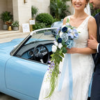 Close-up of lifelike cascading blue rose bridal bouquet for waterfall shape by IPOPU