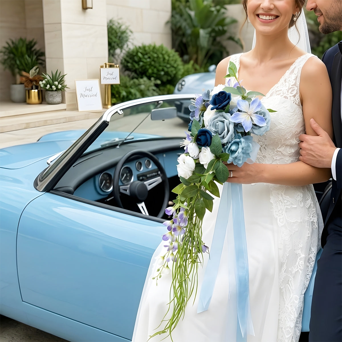 Cascading Blue Rose Bridal Bouquet | Waterfall Shape French Vintage Wedding Flowers