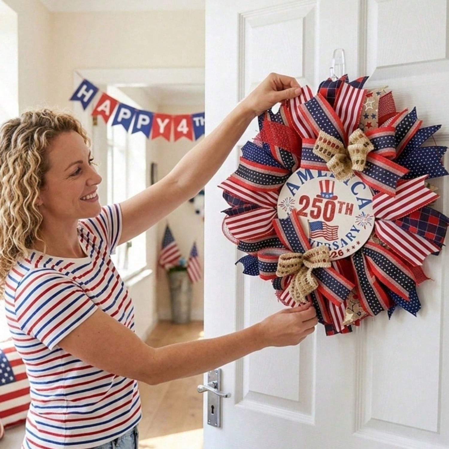 17.7" Patriotic Wreath for Front Door | 4th of July Memorial Day American Flag Indoor Outdoor Decor
