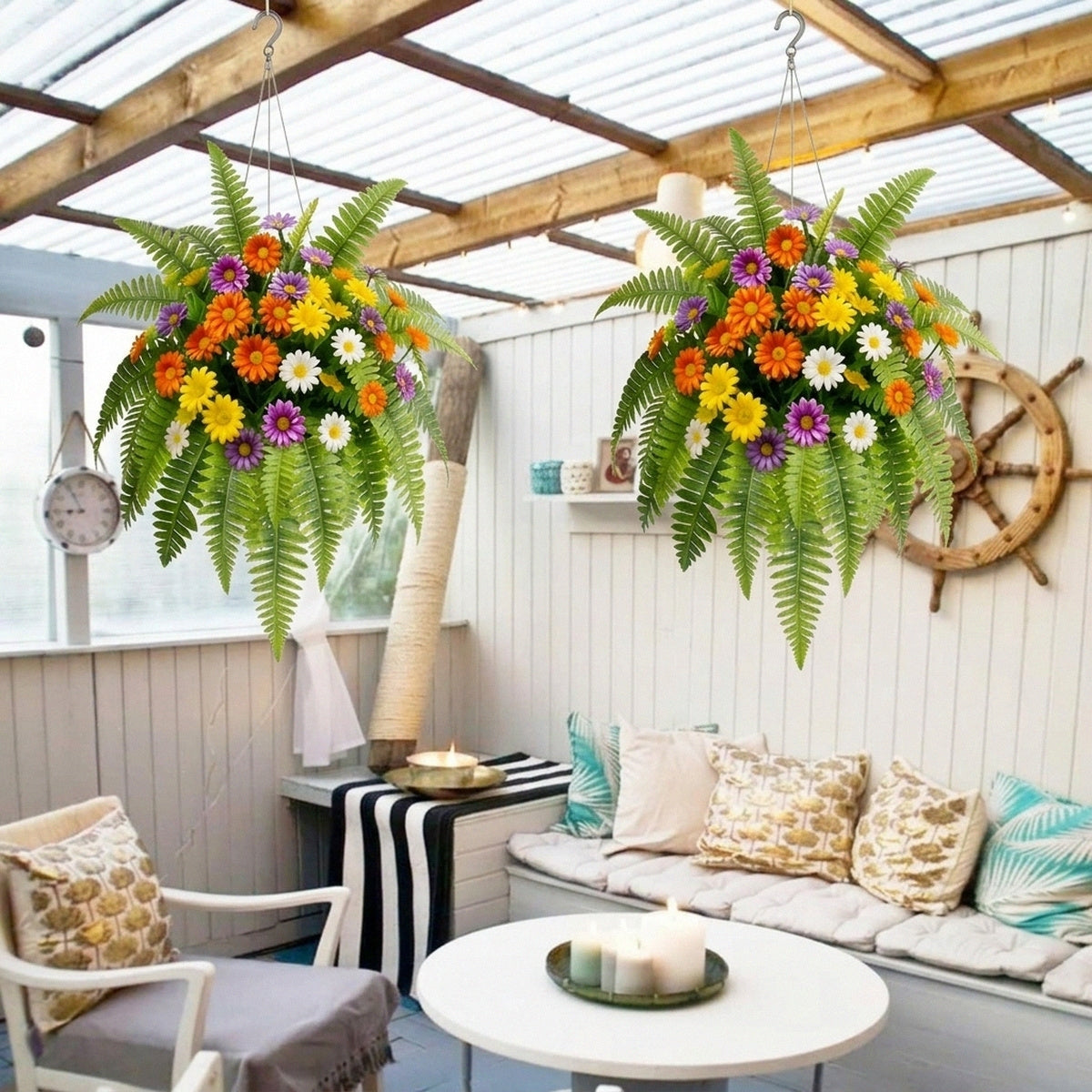 Artificial Daisy Flower Bouquet with Fern Leaves Mixed Colorful Gerbera Fake Floral Arrangement for Home Garden Table Centerpiece Wedding Party Decor