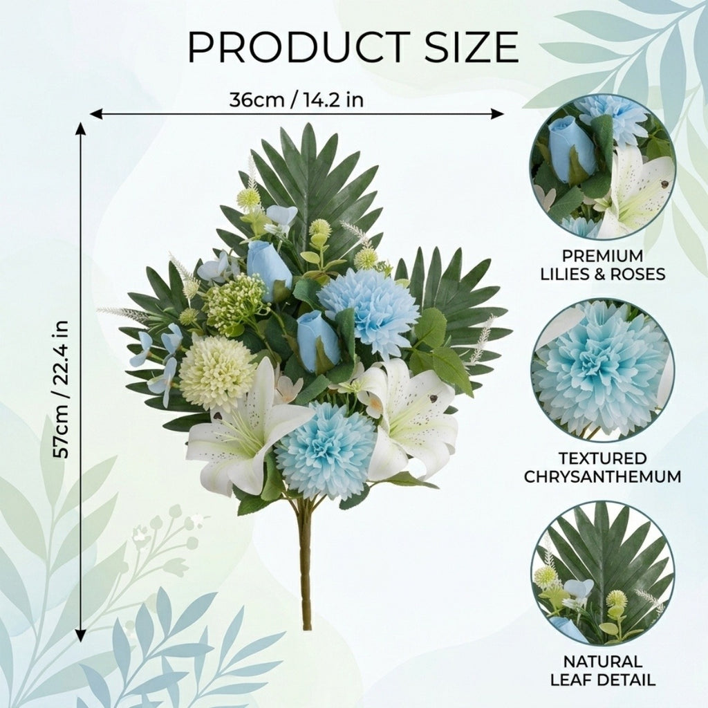 Cemetery Flowers for Grave, Outdoor Lily Chrysanthemum Hydrangea Rose Artificial Flowers Grave Flowers with Cemetery Vase, Lasting and Non-Bleed Colors