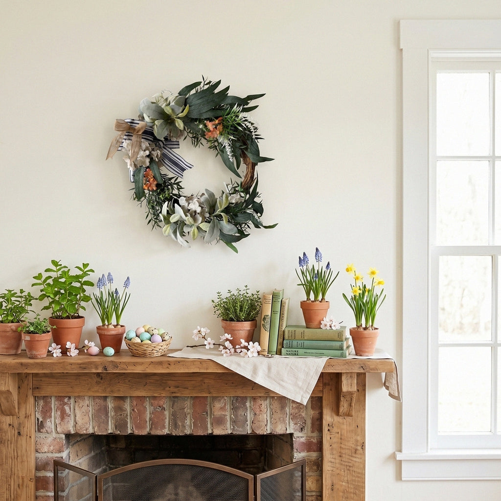 Detail of modern farmhouse front door wreath with hydrangea for neutral green leaf by IPOPU