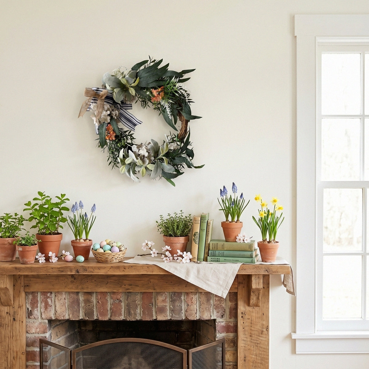 Detail of modern farmhouse front door wreath with hydrangea for neutral green leaf by IPOPU