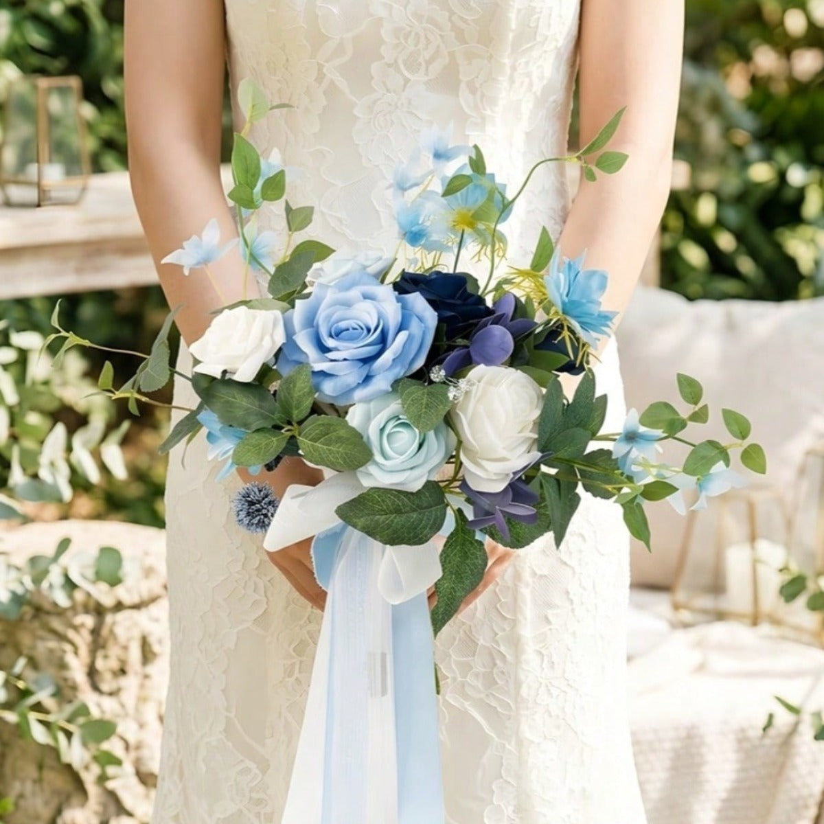 Dusty Blue & White Artificial Bridesmaid Bouquet with Ribbon | Wedding Ceremony Bridal