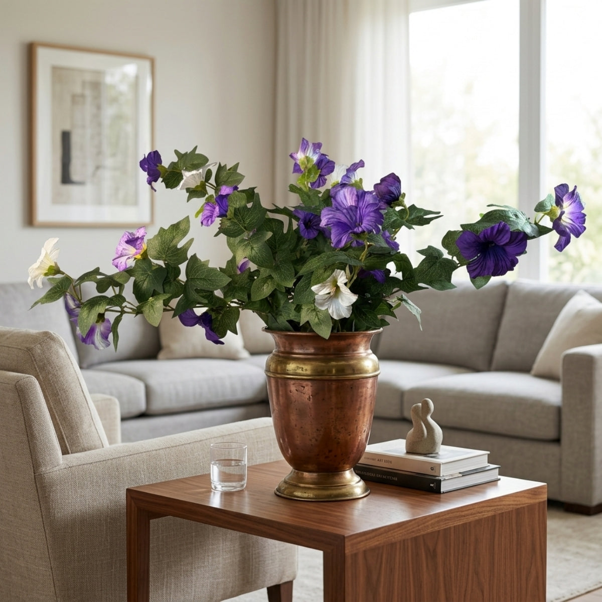 Artificial Hanging Flowers Plants with Basket for Outdoors, Artificial Petunias UV Resistant Petunias Fake Flowers for Outdoor Garden Porch Balcony Decoration