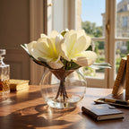 Artificial Magnolia Flowers in Glass Vase with Fake Water | Home Decor Bathroom Office Centerpiece