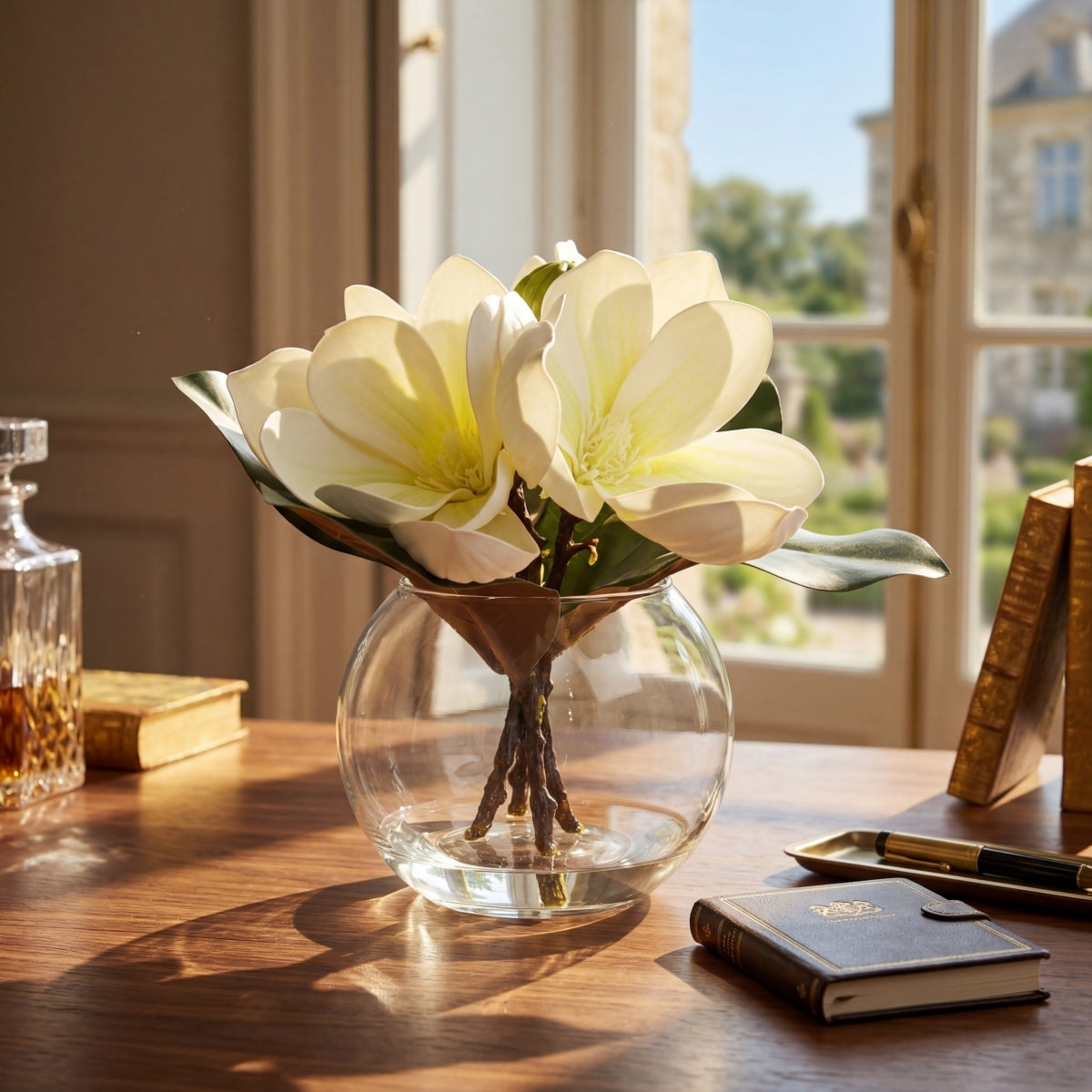 Artificial Magnolia Flowers in Glass Vase with Fake Water | Home Decor Bathroom Office Centerpiece