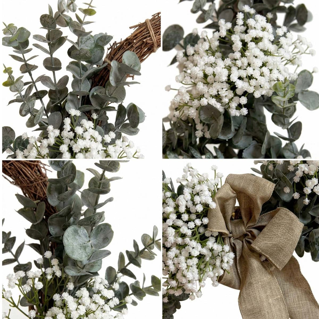 Farmhouse Eucalyptus Wreath with Burlap Bow & White Baby's Breath for Front Door Porch Wall Living Room & Bedroom Decor