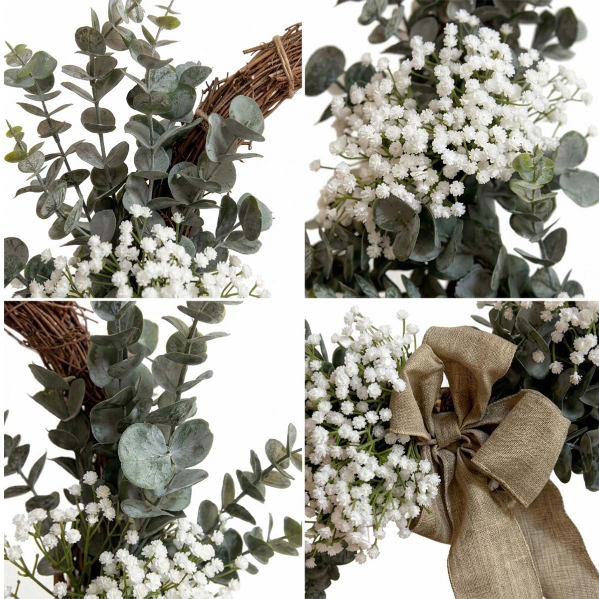 Farmhouse Eucalyptus Wreath with Burlap Bow & White Baby's Breath for Front Door Porch Wall Living Room & Bedroom Decor